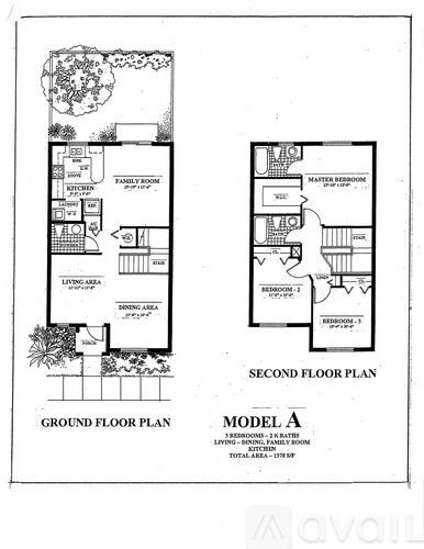 A floor plan for a house with a living area, family room, kitchen, and two bedrooms.