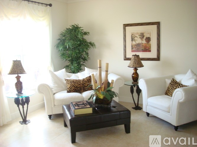 A living room with a white couch, a glass table, and a potted plant.