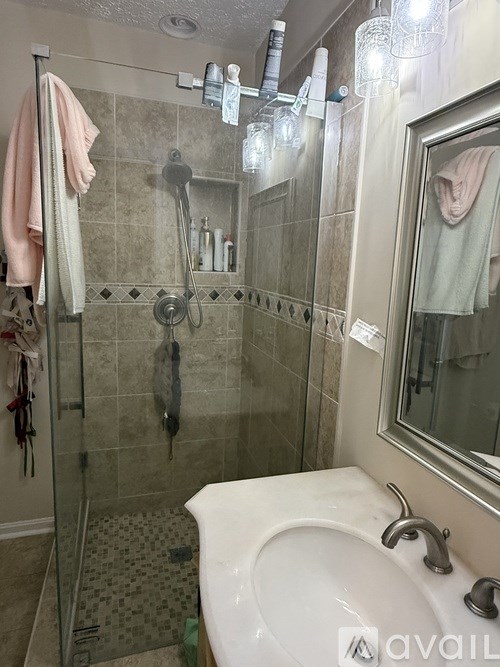 A bathroom with a white sink and a glass shower stall.