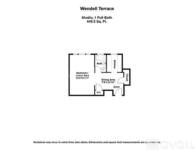 A floor plan for a studio apartment with a bathroom and a dining area.