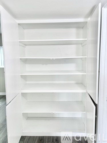 Empty white shelves in a pantry.