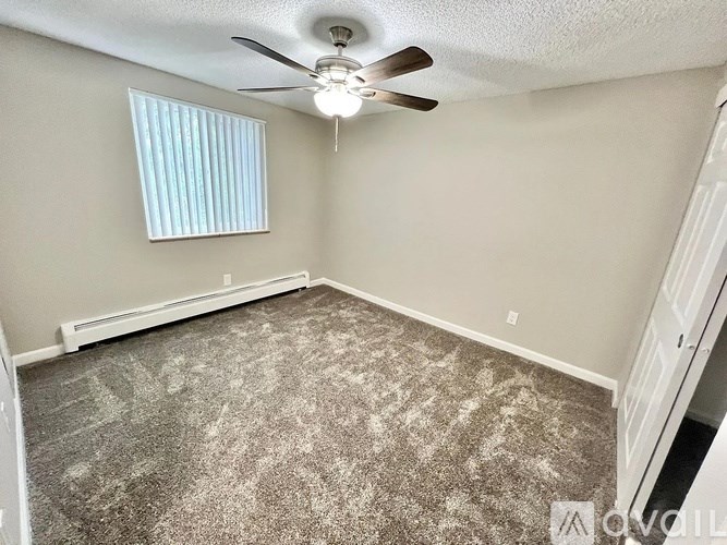 A room with a ceiling fan and carpeted floor.