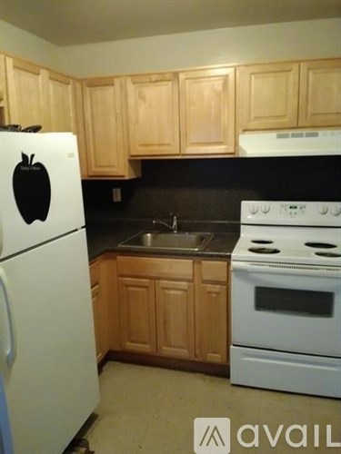 A kitchen with wooden cabinets and a white fridge.