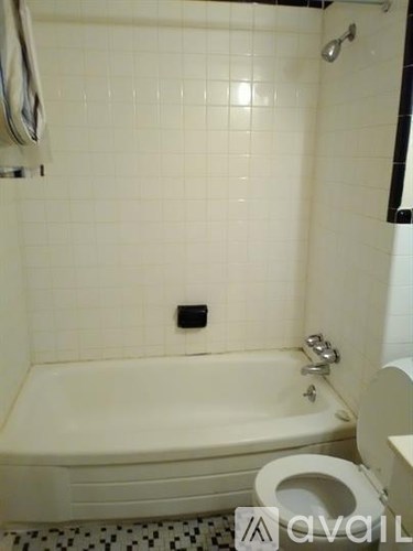 A bathroom with a toilet, tub, and shower.