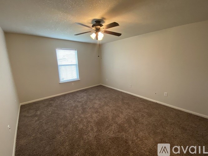 A room with a ceiling fan and carpeted floor.