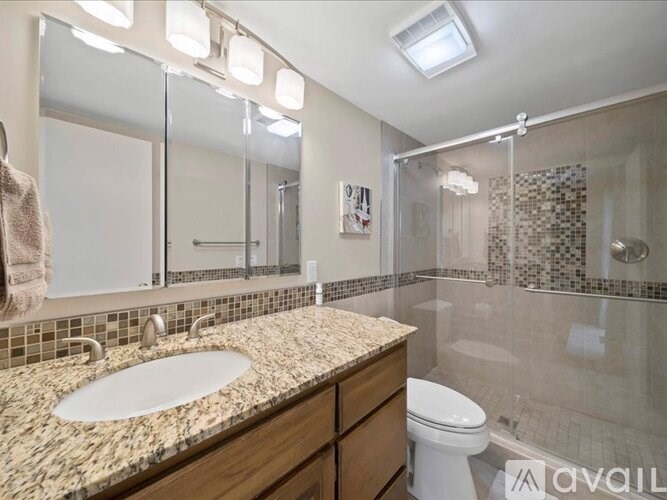 A bathroom with a marble countertop and a walk-in shower.