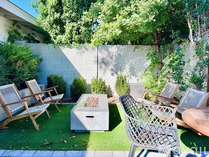 A backyard with a white fence and a green lawn.