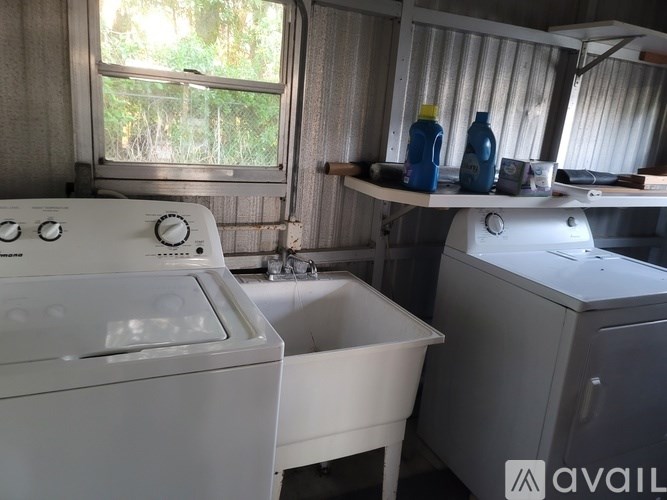 A white washing machine sits next to a white sink in a small laundry room.