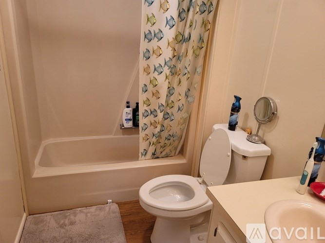A bathroom with a toilet, sink, and shower curtain.
