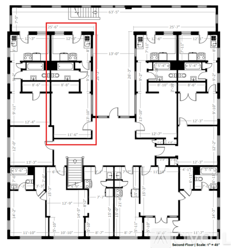 A floor plan of a building with rooms and dimensions.