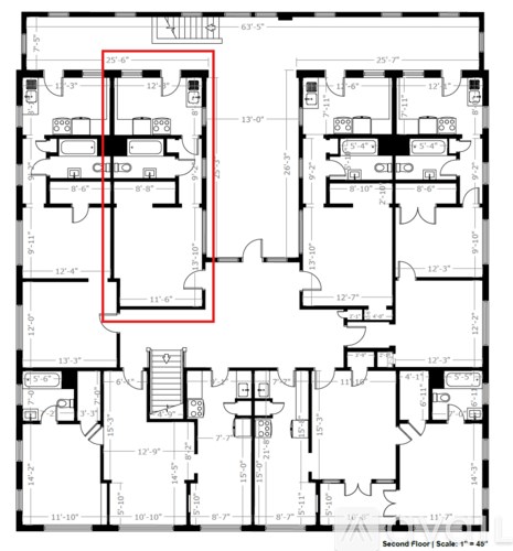 A floor plan of a building with rooms and dimensions.