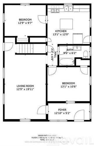 A black and white image of a floor plan for a house with four bedrooms, a living room, a kitchen, a bath, and a foyer.