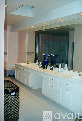 A bathroom with a white vanity and a mirror above it.