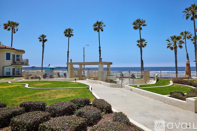 A view of a beachfront with palm trees and a clear blue sky.