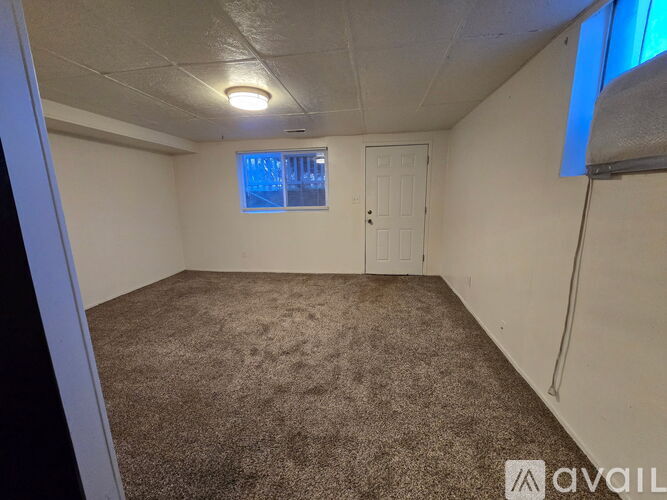 A room with a carpeted floor and a window.