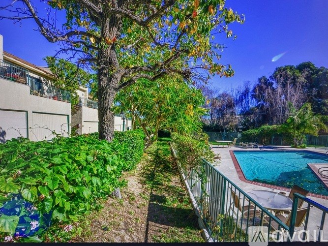 A pool area with a tree and a building in the background.