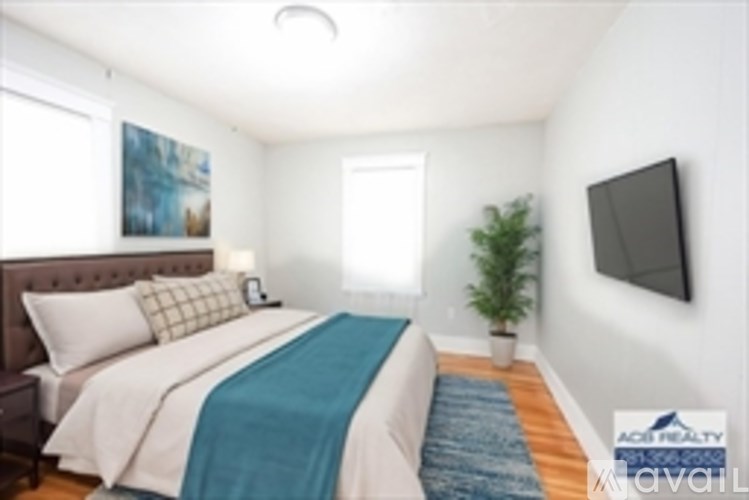 A bedroom with a bed, a plant, and a television.