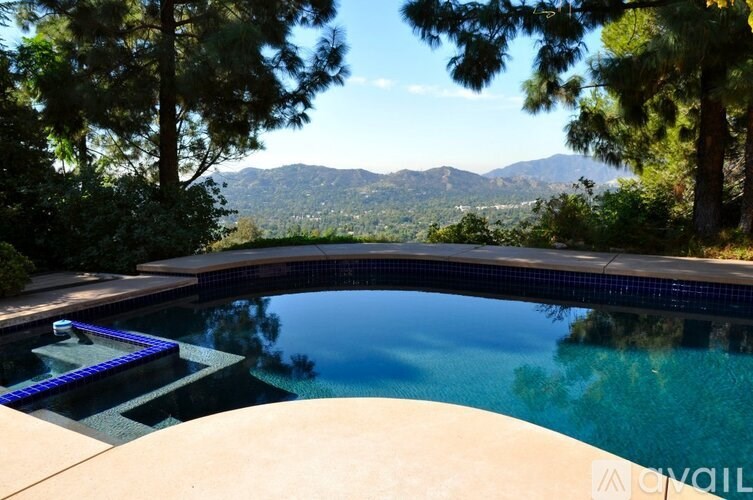 A pool surrounded by trees with a mountain in the background.