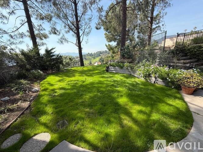 A well-manicured lawn with a stone pathway and a fence in the background.