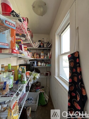 A kitchen pantry with a window and a curtain with a monkey pattern.