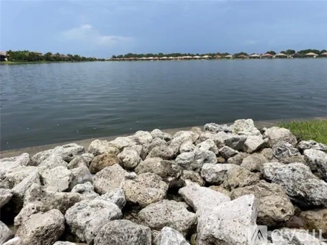 A rocky shore by a body of water with houses in the distance.