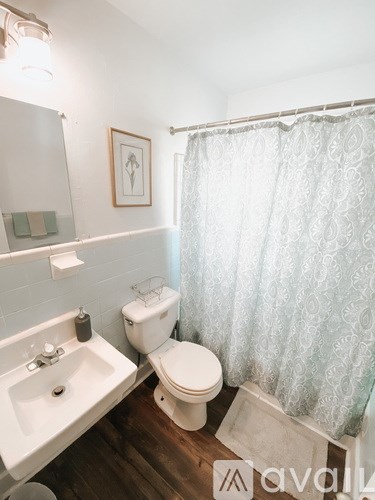 A small bathroom with a toilet, sink, and shower curtain.