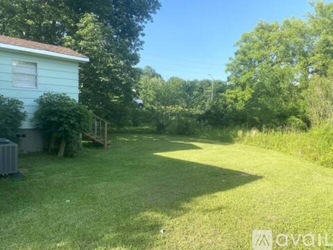 A backyard with a house, trees, and a lawn.