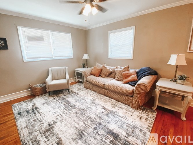 A living room with a couch, chair, and rug.