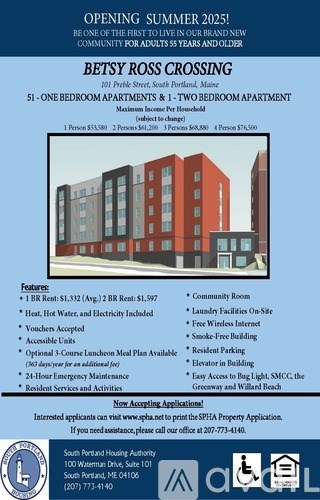 A flyer for the Betsy Ross Crossing apartment complex, advertising its features and contact information.