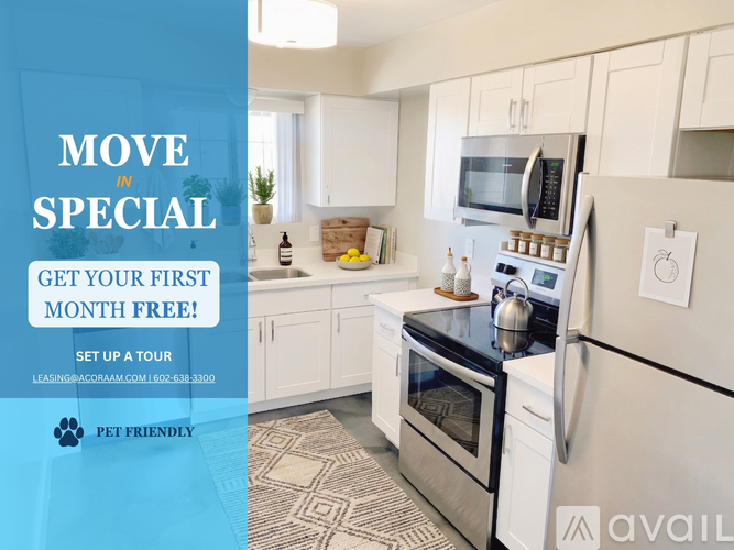 A kitchen with a promotion for a free first month of rent.