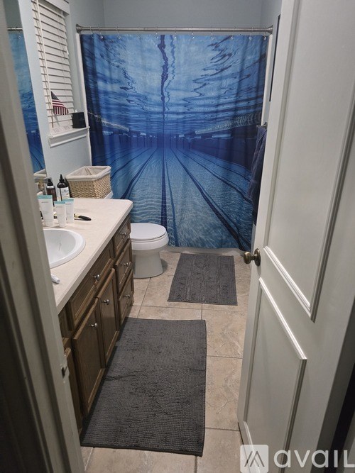 A bathroom with a blue shower curtain and a white toilet.