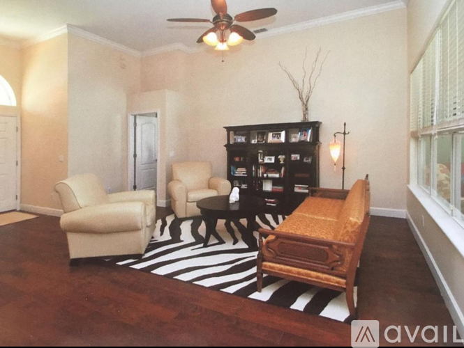 A living room with a zebra print rug and a black bookcase.