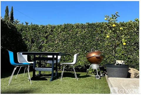 A table with chairs and a barbecue grill in front of a hedge.