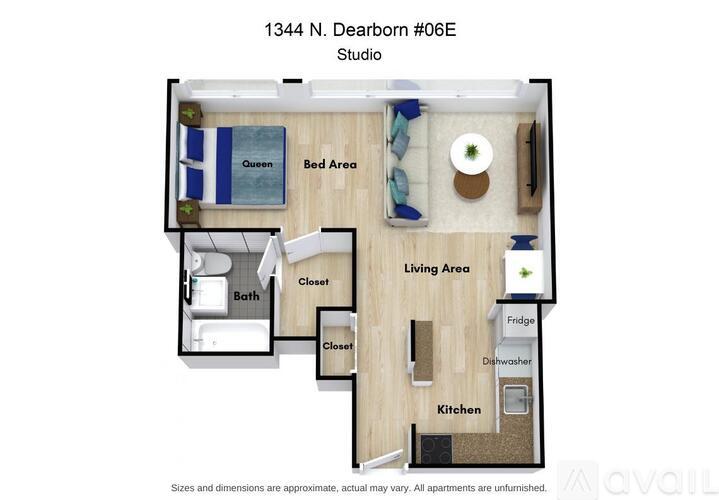 A floor plan of a studio apartment at 1344 N. Dearborn #06E.