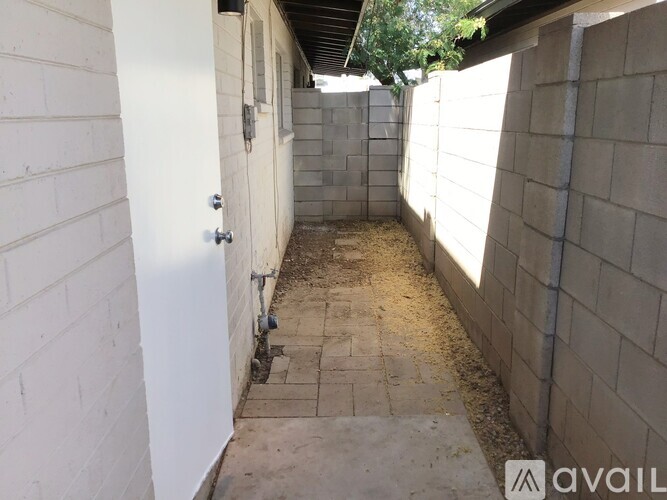 A narrow alley with a white door and walls made of concrete blocks.