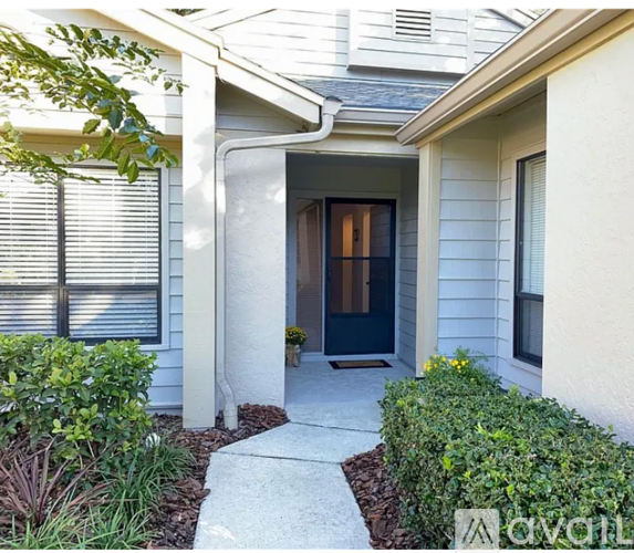 A house entrance with a dark door and a concrete pathway.