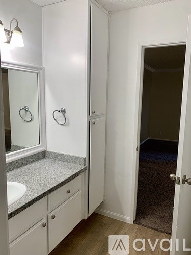 A bathroom with a sink, mirror, and towel rack.