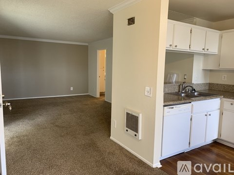 A kitchen area with white cabinets and a sink.
