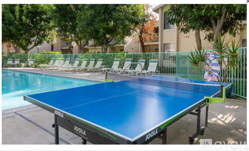 A blue JOOLA table tennis table is set up next to a pool.
