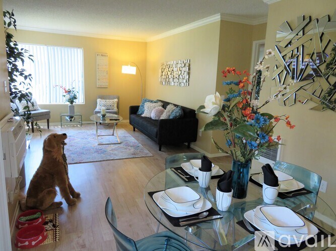 A dog is sitting on the floor in a living room.