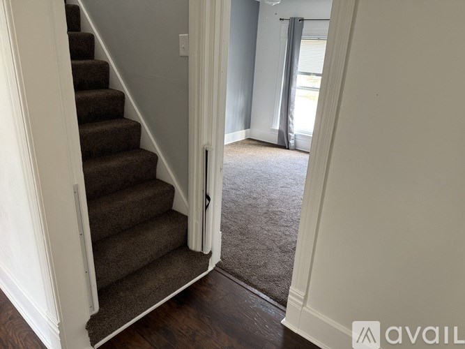 A staircase with a carpeted runner and a white door.