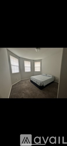 A bedroom with a bed, carpet, and two windows.