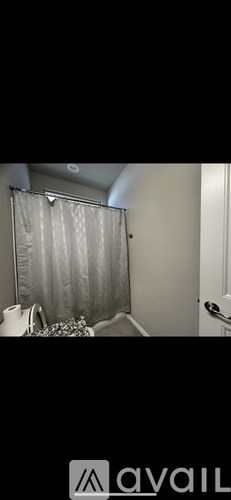 A bathroom with a shower curtain and a towel on the counter.