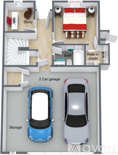 A floor plan of a house with a study, bedrooms, bathrooms, a walk-in closet, and a 2 car garage.