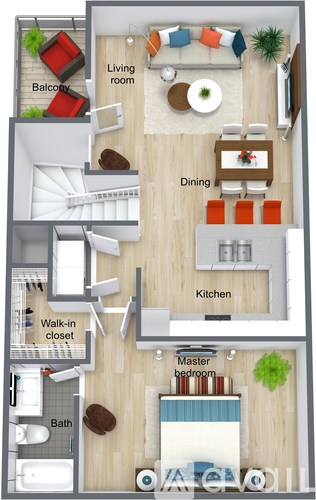 A 3D floor plan of a house showing a living room, dining room, kitchen, and master bedroom.