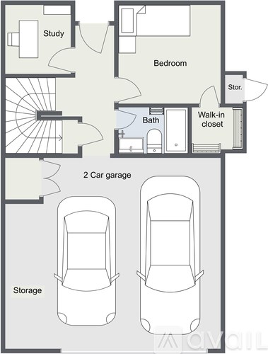 A floor plan of a house with a study, bedroom, bathroom, walk-in closet, and two car garages.