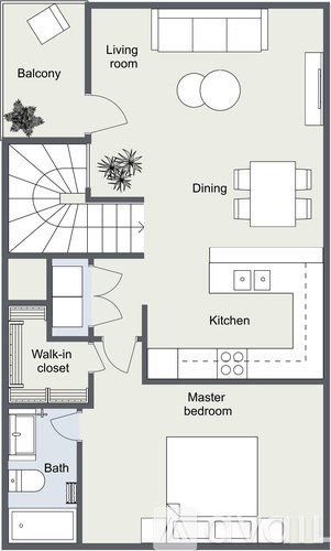 A floor plan of an apartment with a living room, dining room, kitchen, and bath.