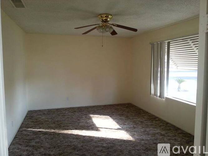 A room with a ceiling fan and a window letting in sunlight.