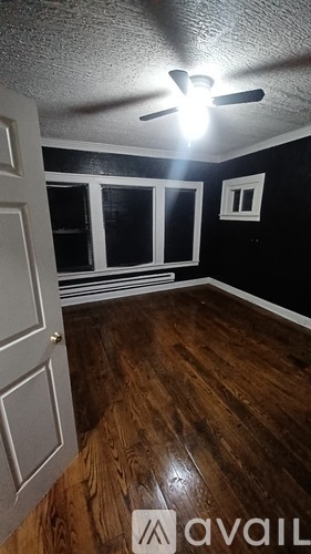 A hallway with a white door and a vacuum cleaner in the background.