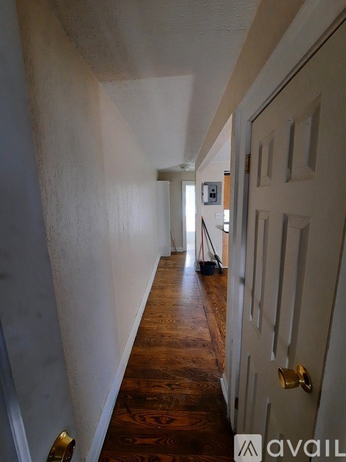 A hallway with a white door and a vacuum cleaner in the background.